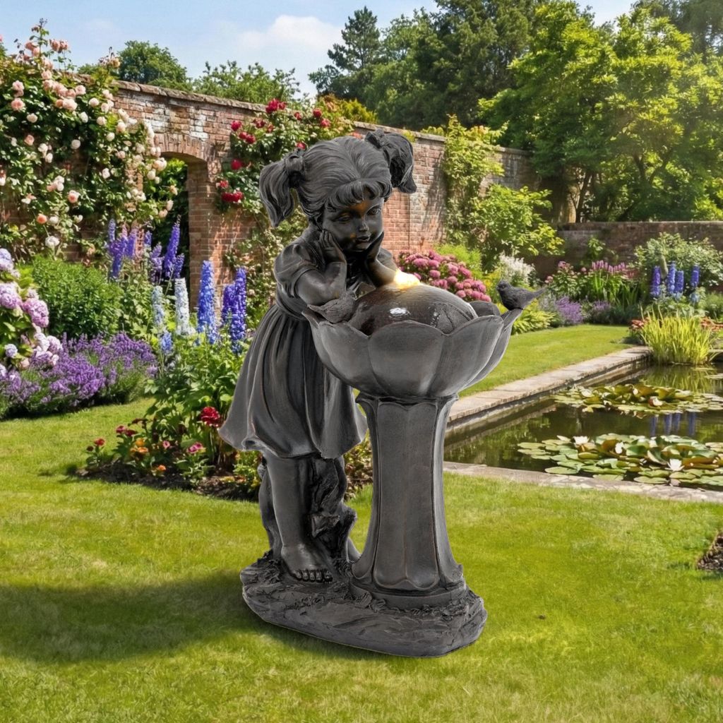 Flieks Gartenbrunnen Außenbrunnen mit Led, Springbrunnen Wasserspiel für Garten, Balkon & Terrasse, Gartendekoration 30x42x65.5cm, Kupferfarbe