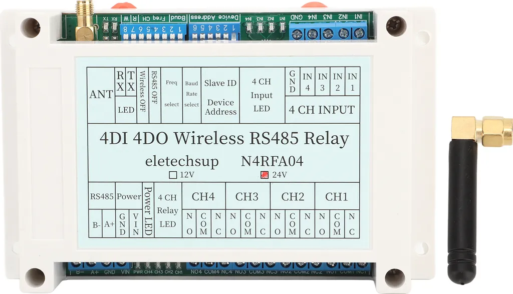 Relais sans fil 433MHz 4 Canaux RS485 avec Antenne Longue Portée 24V