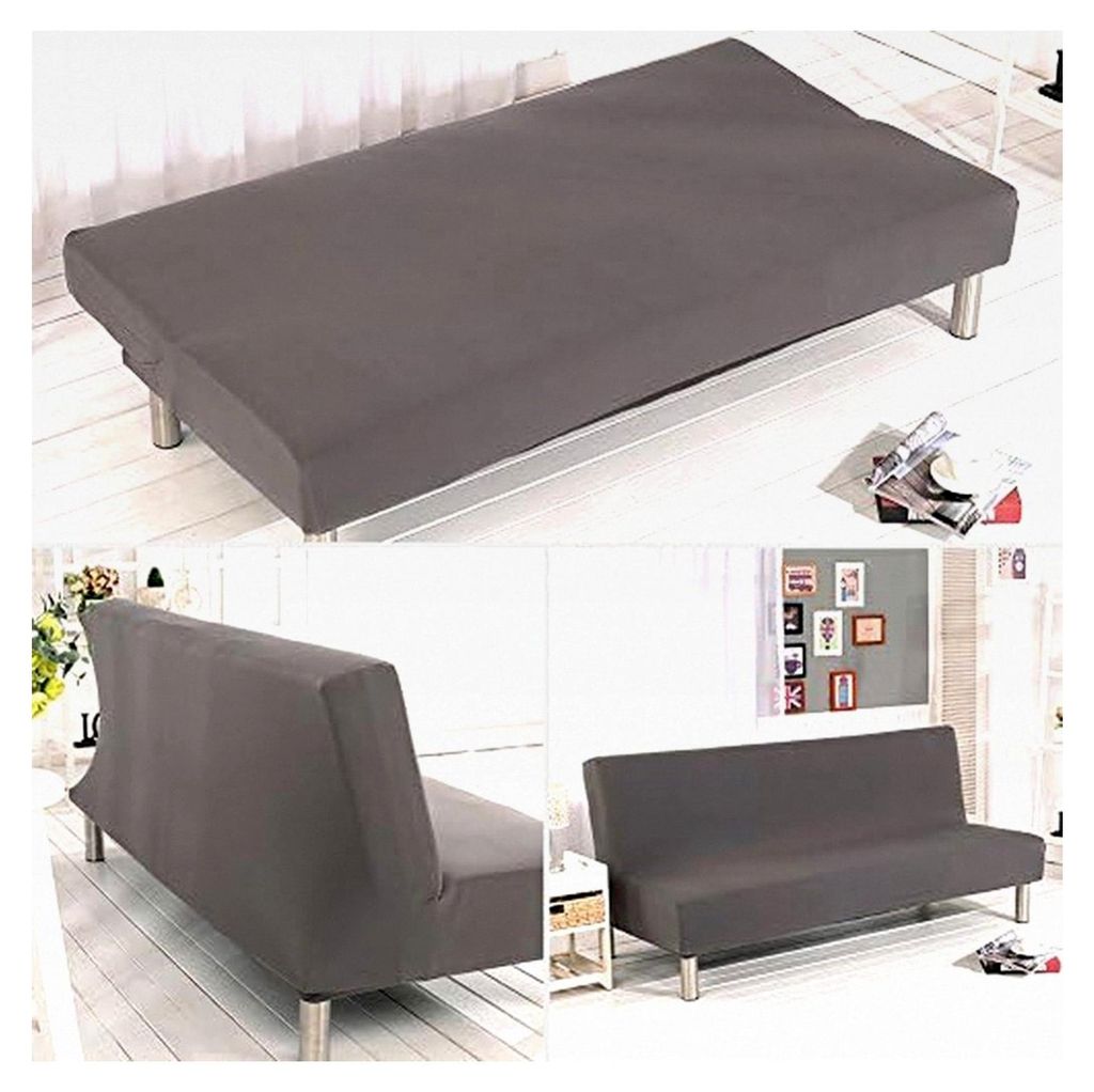 Einfarbiger Armlehnloser Sofabettüberzug aus Polyester und Elasthan, elastische Futon-Schutzhülle für 3-Sitzer Klappcouch in Grau