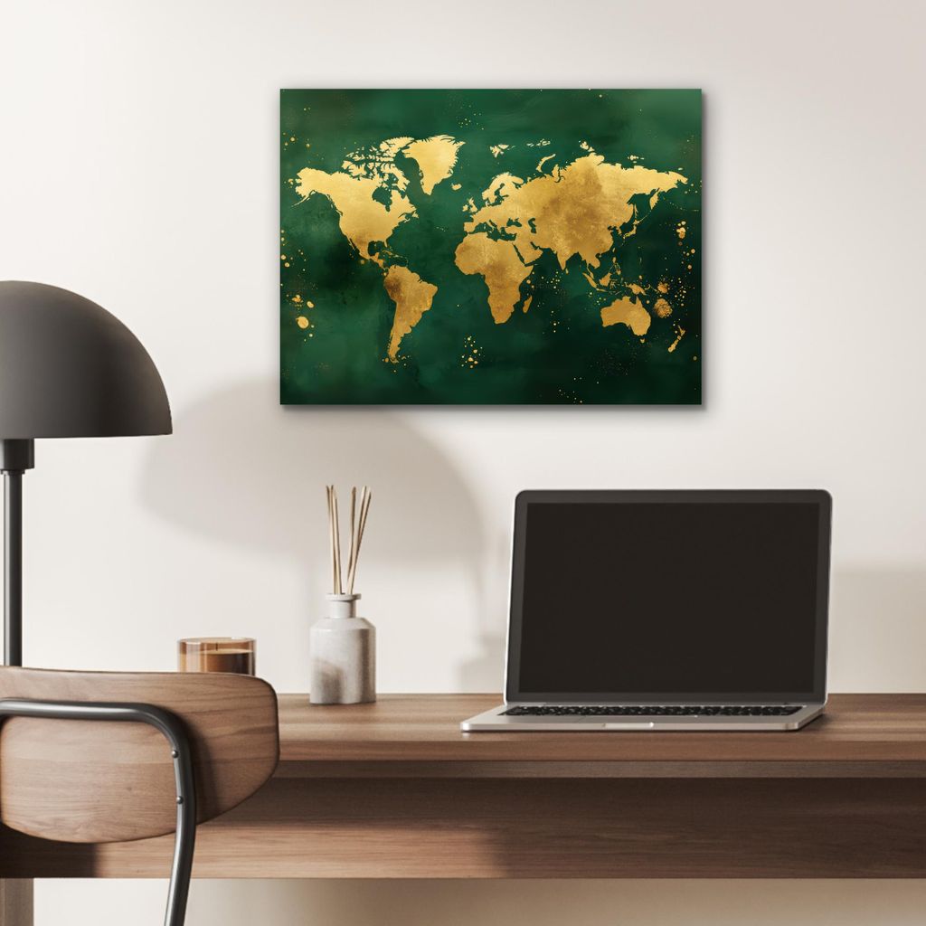 MuchoWow Wanddekoration Metall Metallbild Wandkunst 40x30 cm Weltkarte - Grün - Gold MuchoWow Aluminium Gemälde - Dekoration Wohnzimmer