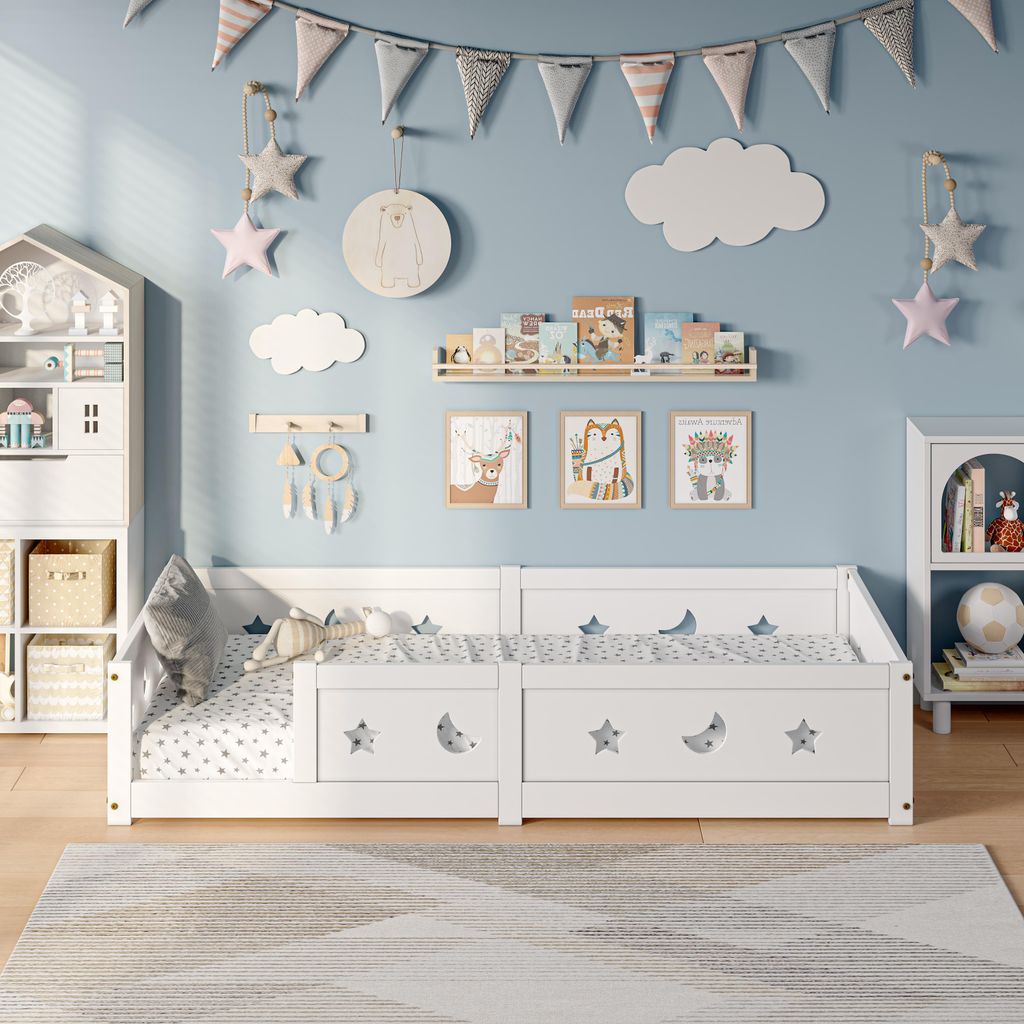 UnboxG Kinderbett 90x200 aus Massivholz mit Stern und Mond Motiv Geländer Weiß Stabil und Sicher Holzbett für Kinderzimmer