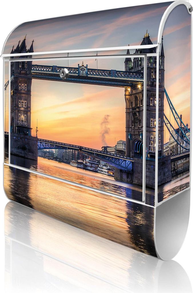 banjado Design Briefkasten Stahl weiß mit Zeitungsfach pulverbeschichtet "Tower Bridge" 38x46x12,5cm & 2 Schlüssel - Postkasten A4 Einwurf inkl. ...