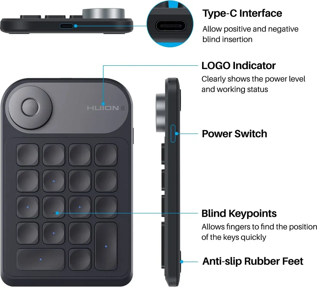 Huion Keydial Mini K20 Clavier Numérique Sans Fil pour Tablette Graphique - 14