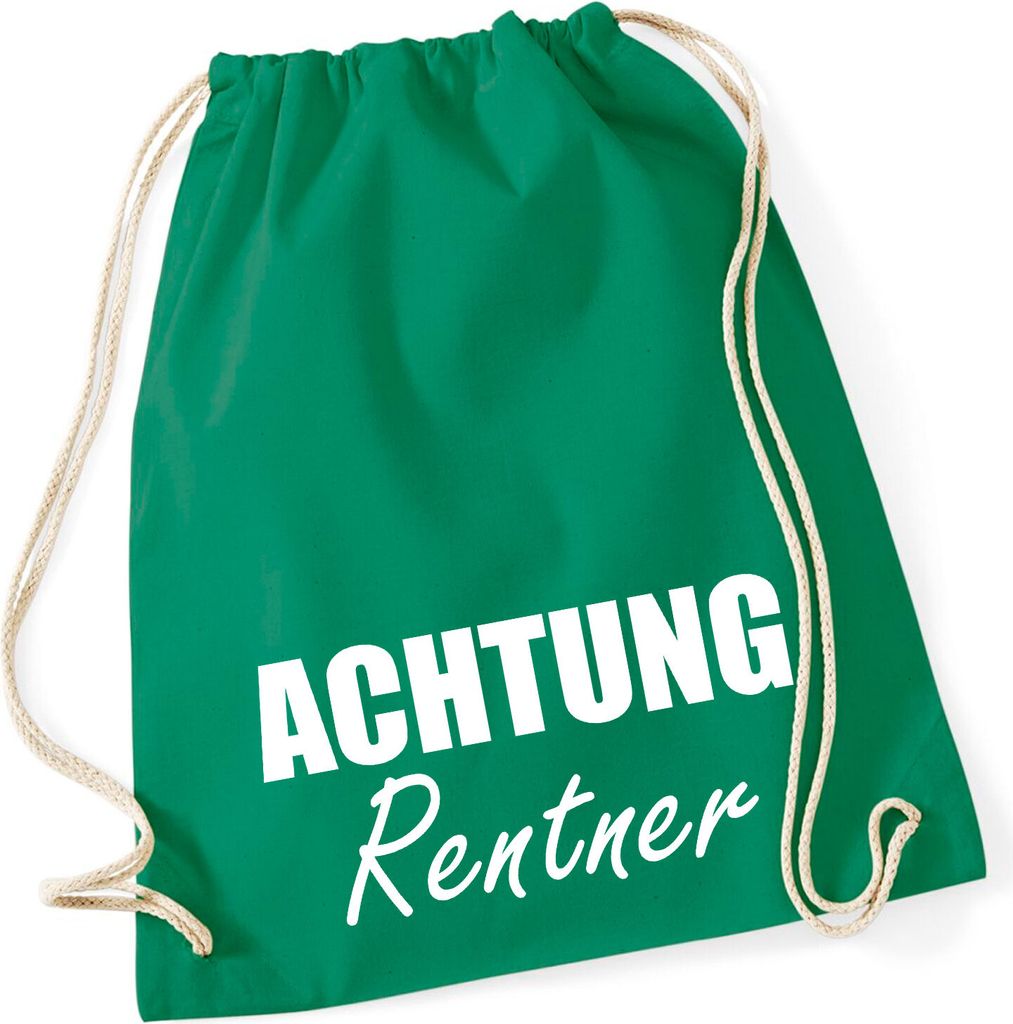 Huuraa Turnbeutel Achtung Rentner Schriftzug 12 Liter Kelly Green Baumwolle Rucksack Geschenkidee
