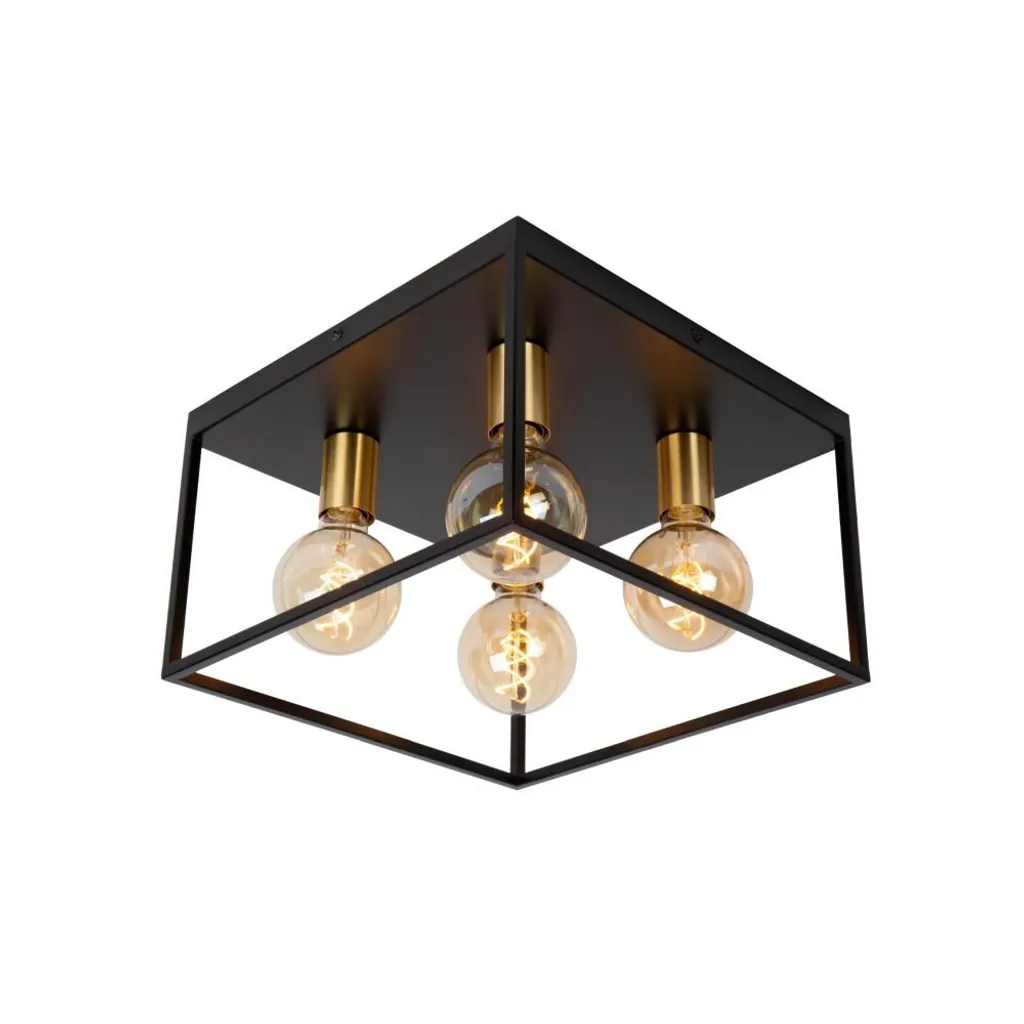 Plafonnier RUBEN Lucide Vintage Noir et Or Carré 4xE27 40W Luminaire