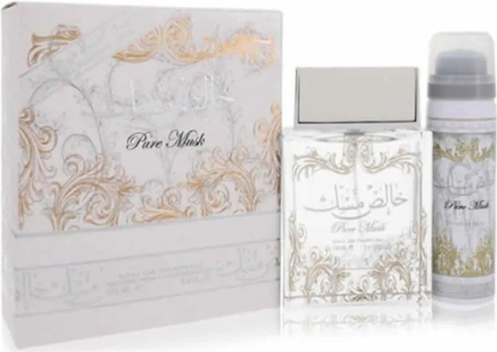 A gift set of Lattafa Pure Musk perfume, including a box, a perfume bottle, and a shaving foam can.