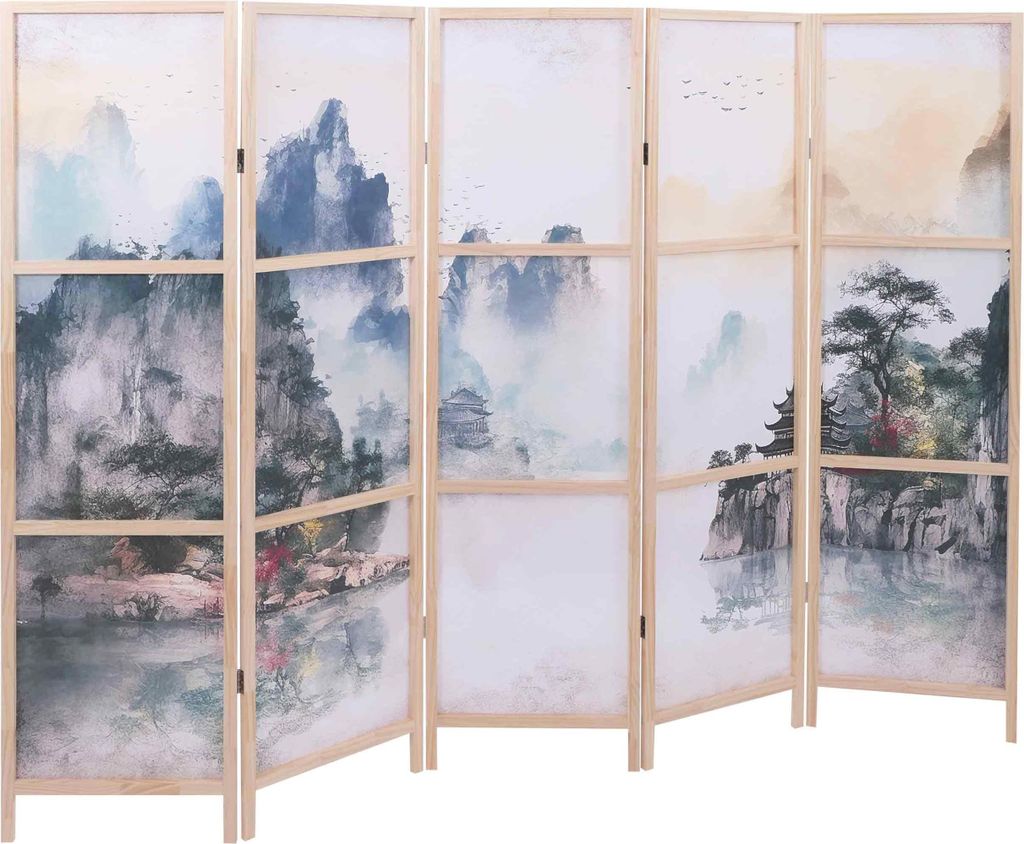 Paravent HWC-O70, Trennwand Sichtschutz Raumtrennung Naturmotive Holz MVG Polyethylen 170x227cm Berge