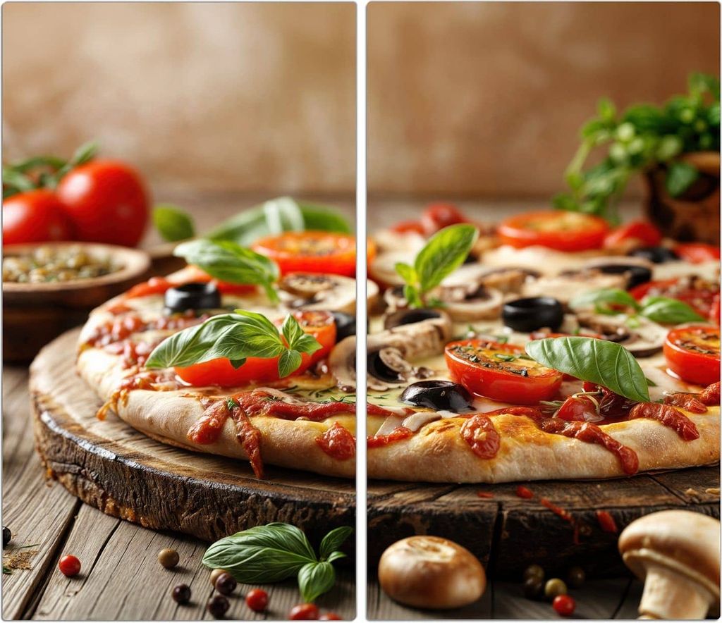 Spritzschutz Herdabdeckplatte Schneidebrett aus Glas Pizza im Holzofen 2-Teilig (60x52cm)