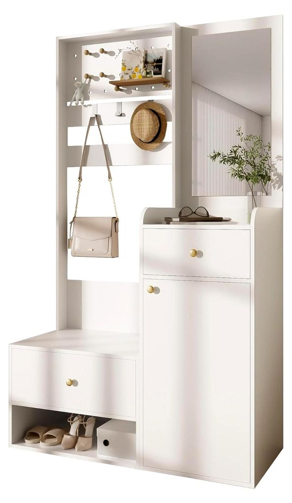 Garderobenset, Kompaktgarderobe mit Spiegel – Moderne Flurgarderobe mit Sitzbank, verstellbaren Haken und Schuhablage