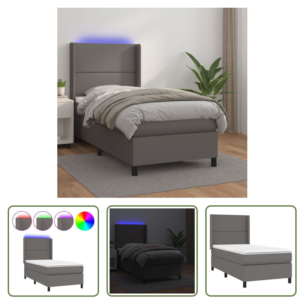 The Living Store Boxspringbett mit Matratze & LED Grau 100x200 cm Kunstleder