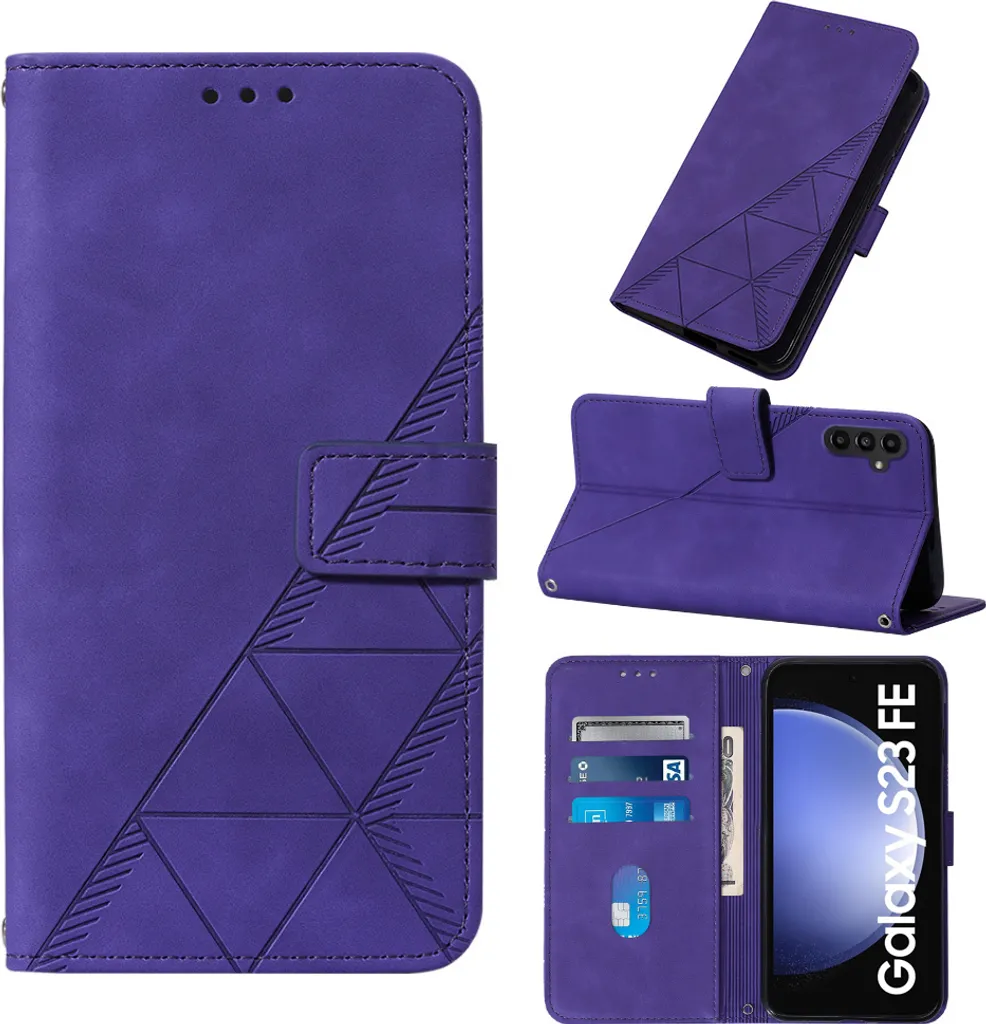 Custodia in pelle flip per Samsung Galaxy S23 FE design a portafoglio con goffratura, porta carte e supporto Viola