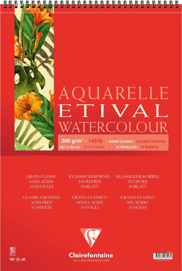 Clairefontaine 5x Etival Aquarellpapier Block, Doppelspirale A3 10 Blatt 96427C