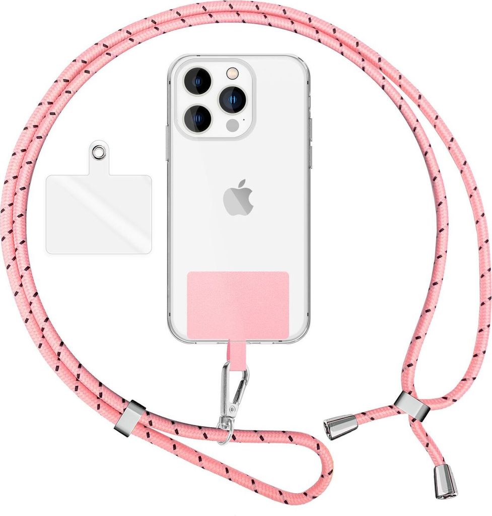 NALIA Universal Lanyard mit 2 Pads & Karabinerhaken - 160cm Handykette zum Umhängen - Rosa Schwarz