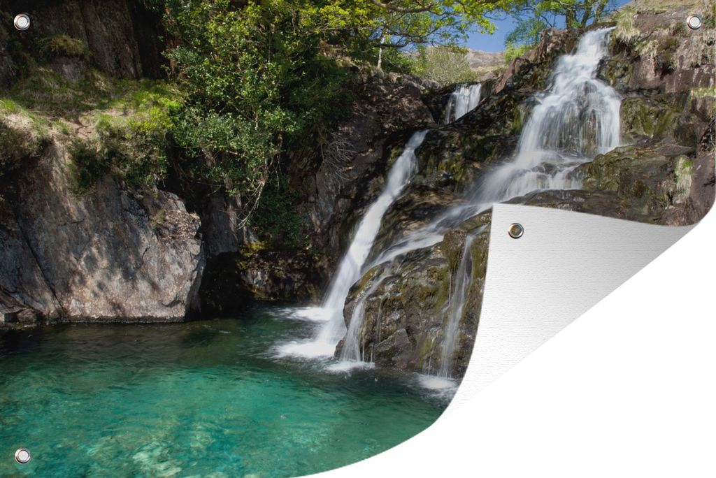MuchoWow 120x80 cm Outdoor-Poster Gartendeko Sichtschutz Garten Poster für den Garten Blick auf einen schönen Wasserfall in Snowdonia