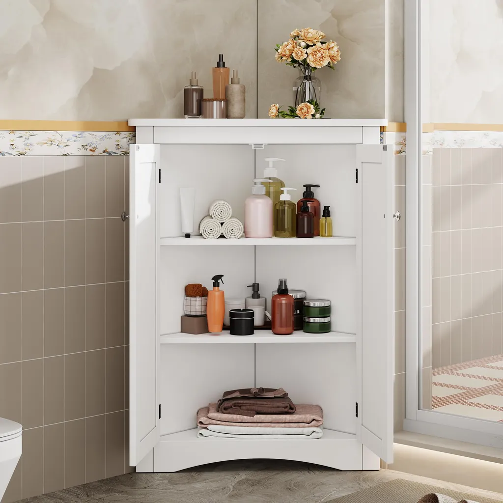 Merax Armoire d'Angle de Salle de Bain Blanche avec 2 Portes Vitrées