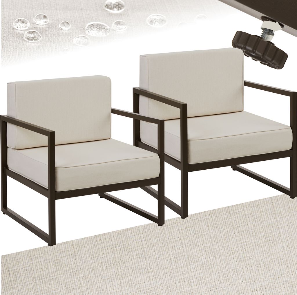 Two cream-colored outdoor lounge chairs with dark gray frames are shown against a light gray textured background. Water droplets are visible in the upper left corner, suggesting the fabric is water-resistant.