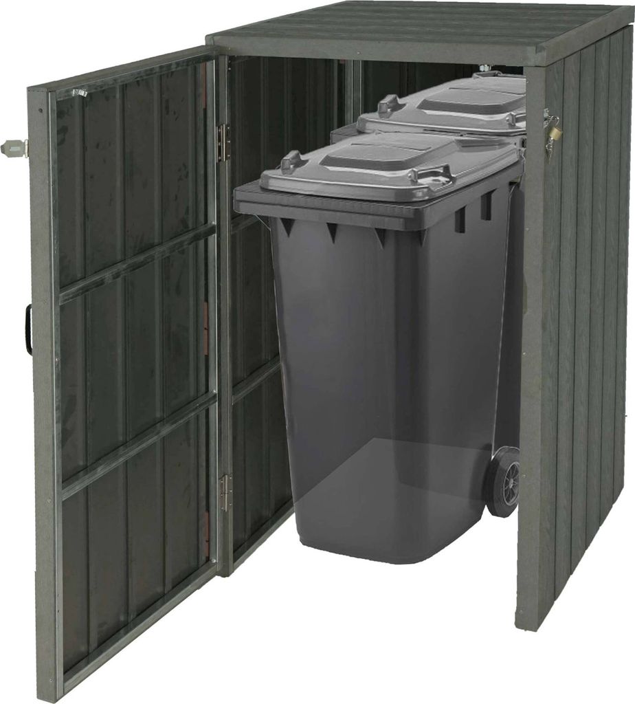 XL 1er-/2er-WPC-Mülltonnenverkleidung HWC-J28, Premium Mülltonnenbox, Metall Holzoptik, erweiterbar grau