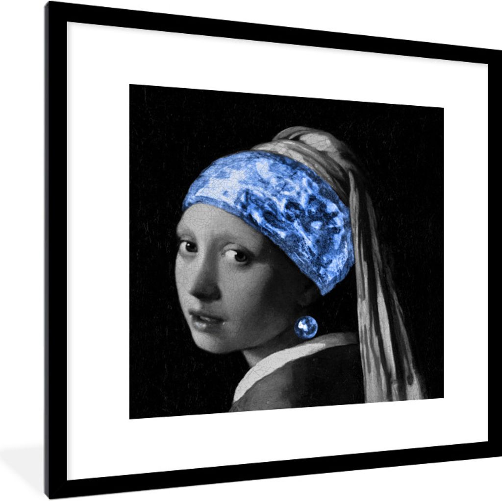 MuchoWow Gerahmtes Poster Das Mädchen mit dem Perlenohrring - Vermeer - Blau 40x40 cm - Poster mit Schwarzem Bilderrahmen Wandposter Rahmen Foto...