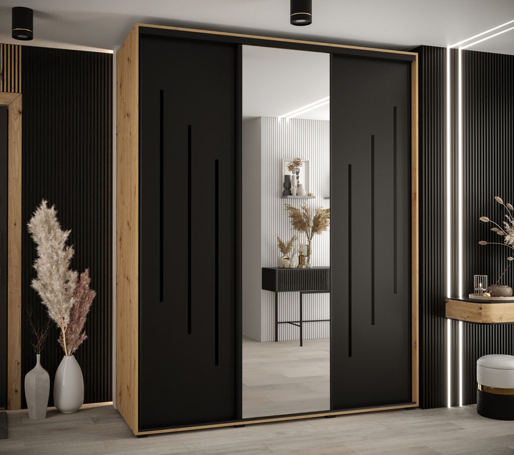 Kleiderschrank YVONA 9 - 200/60 cm, Eiche handwerklich / schwarz / schwarz