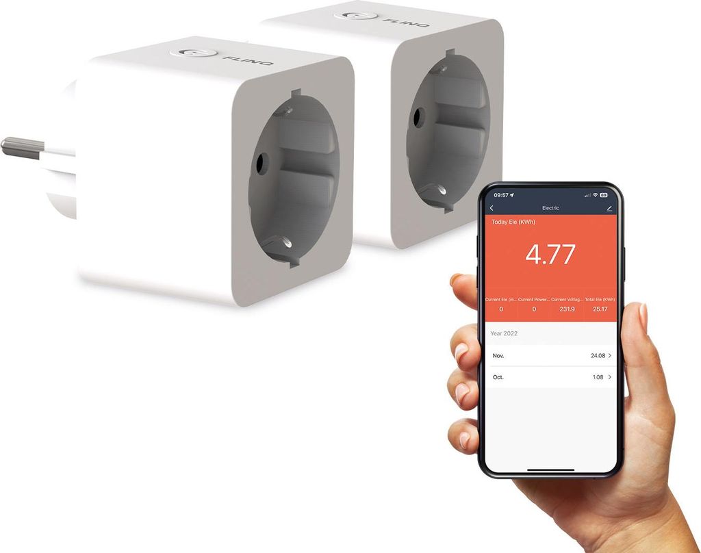 FlinQ Intelligente Steckdose – Smart Plug – Inkl. Zeitschalter & Energiemesser – 2er-Pack – Weiß
