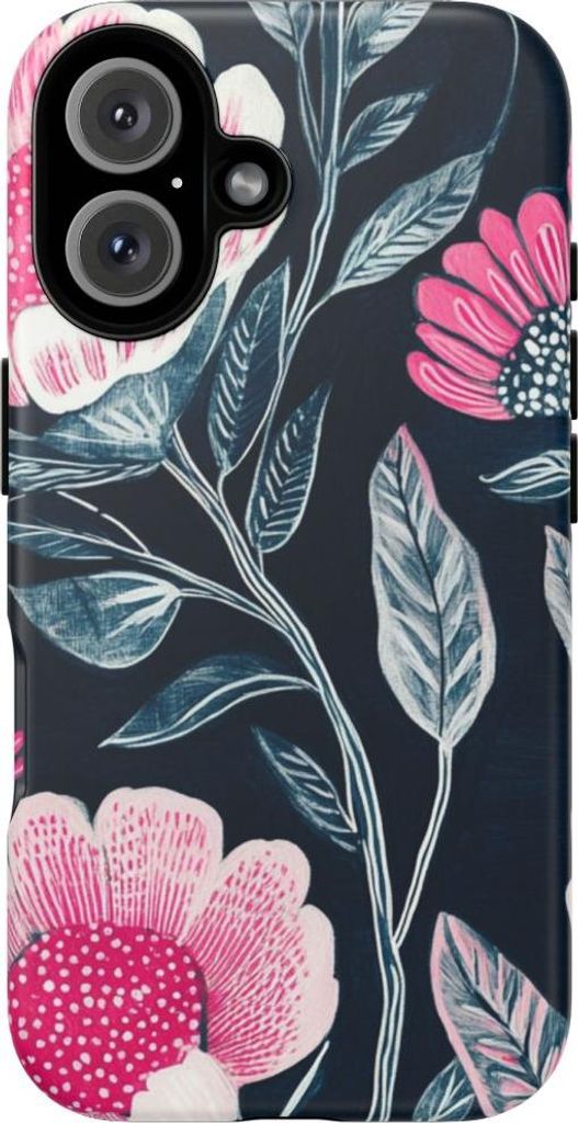 Leuchtend pinkes Blumenmuster auf Dunkelblau – Hülle Kompatibel mit iPhone 16