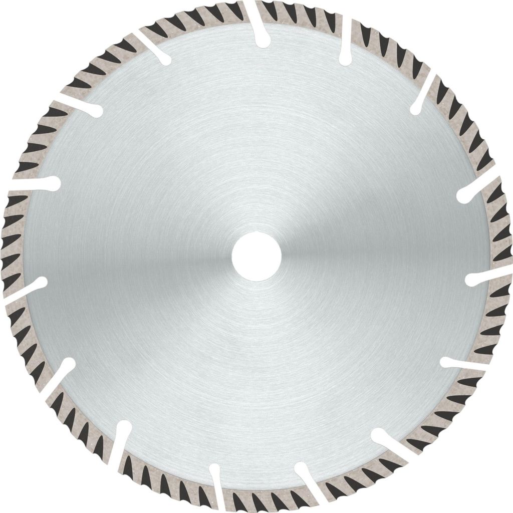 A circular saw blade with a silver center and a black toothed edge, presented on a white background.