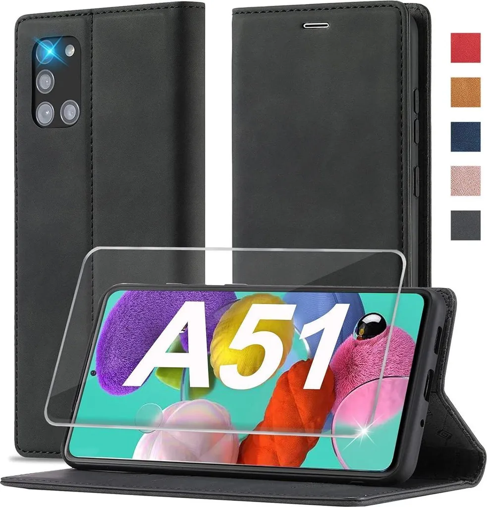 Cover Samsung Galaxy A51 Ailicici - Custodia in Pelle Flip Wallet Nera