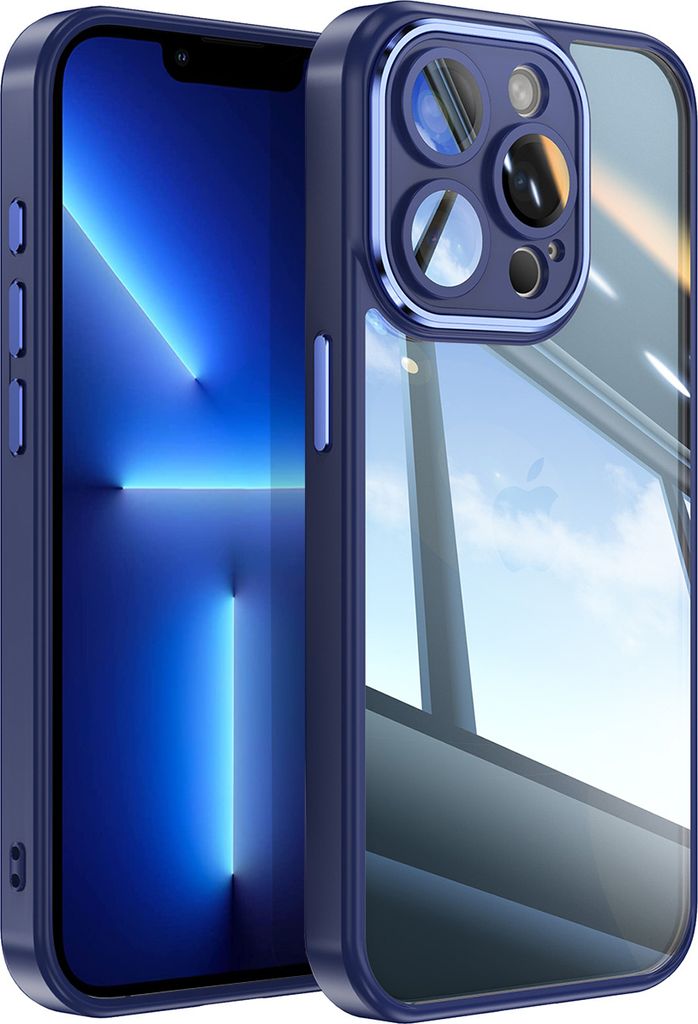 Handyhülle für iPhone 13 Pro Max Hybrid Transparent TPU PC Militärschutz mit Kameraabdeckung Blau