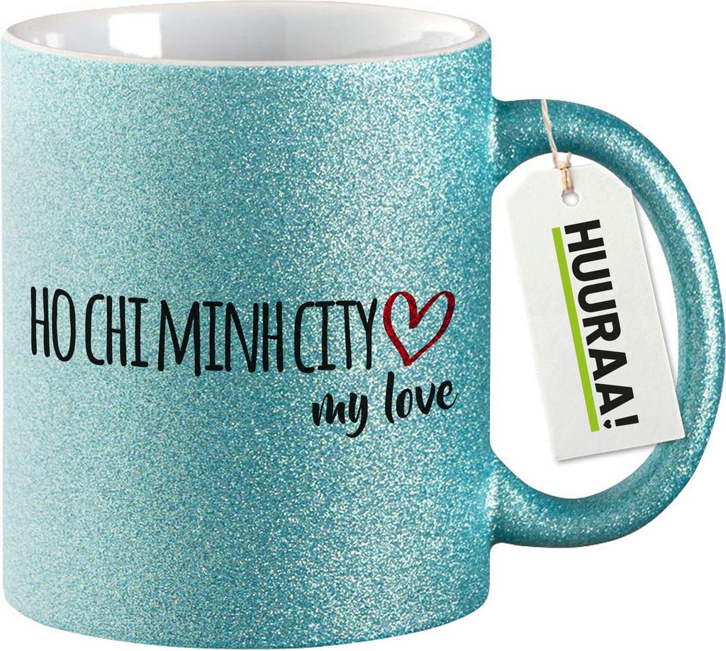 Huuraa Glitzertasse Ho Chi Minh City my love 330ml Blau Keramik Kaffeebecher Geschenkidee