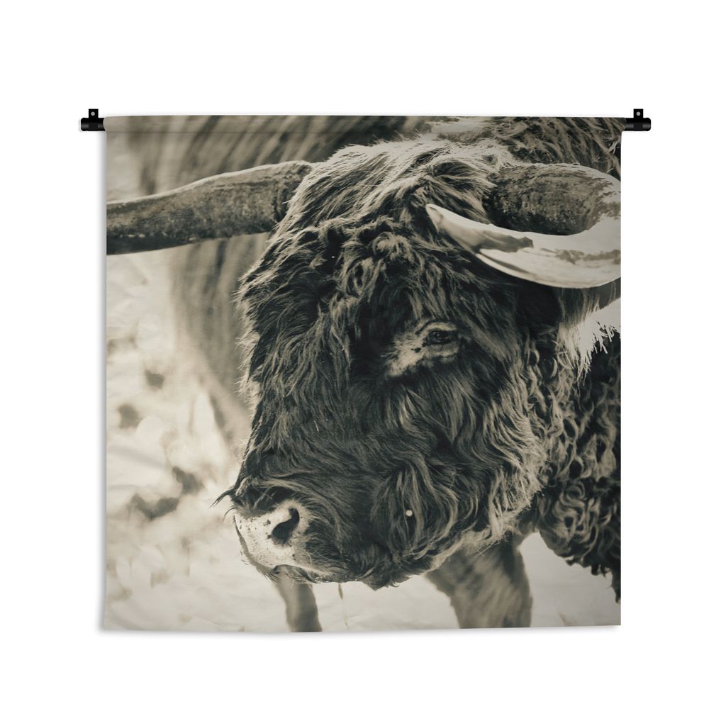 MuchoWow Wandteppich Wandbehang Schottisches Hochlandrind - Schnee - Hörner 60x60 cm Tapisserie Dekoration Wandtuch - Dekorationen - Wand Decke