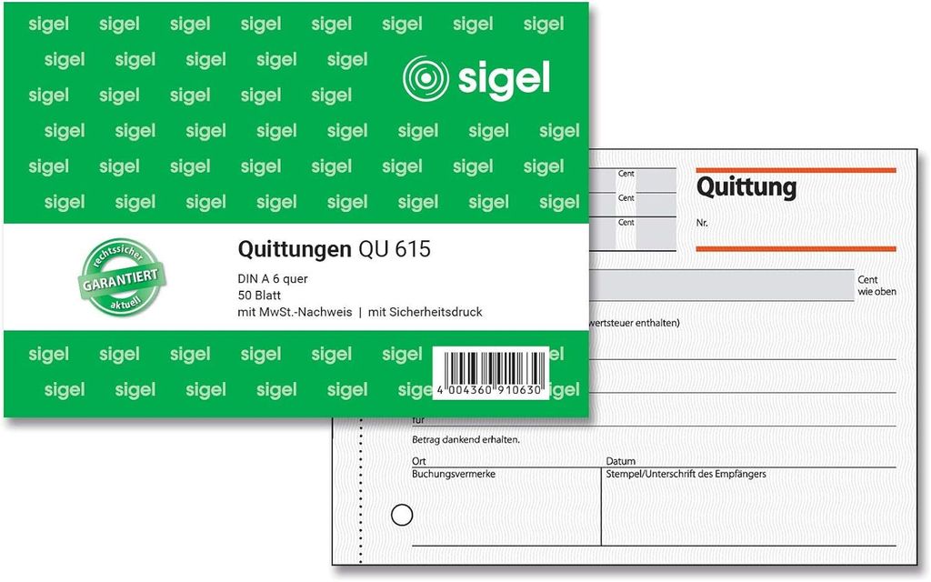 A product shot of Sigel QU615 receipts, with a close-up of the packaging and a sample receipt.