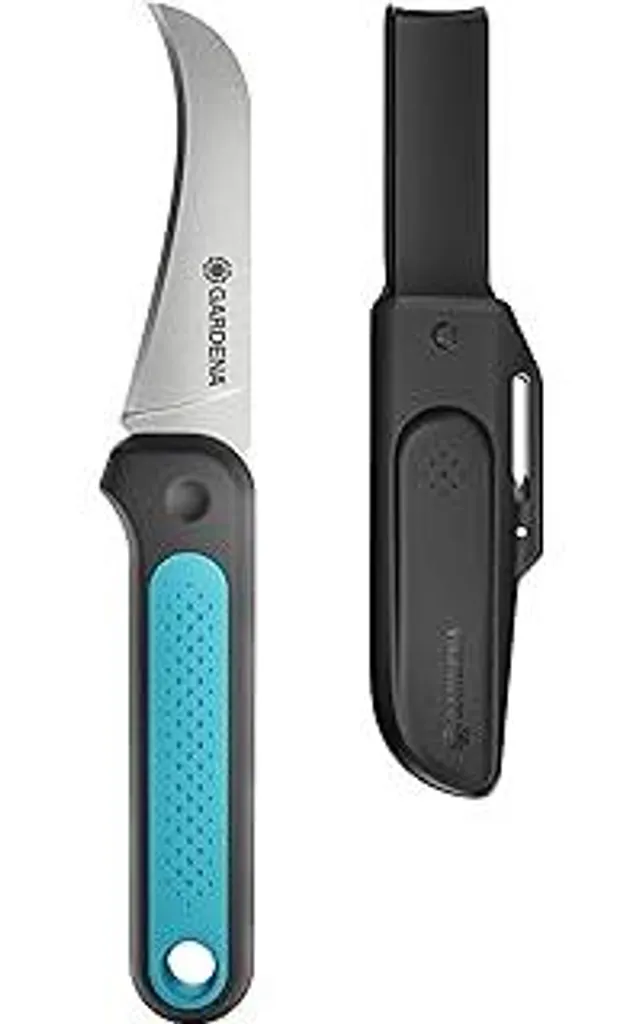 Coltello da raccolta VeggieCut Gardena: coltello in acciaio inossidabile per raccogliere, pulire e pelare verdure, impugnatura antiscivolo, lavabile in lavastoviglie, incl. affilacoltelli in fondina da cintura (12211-20) - 1