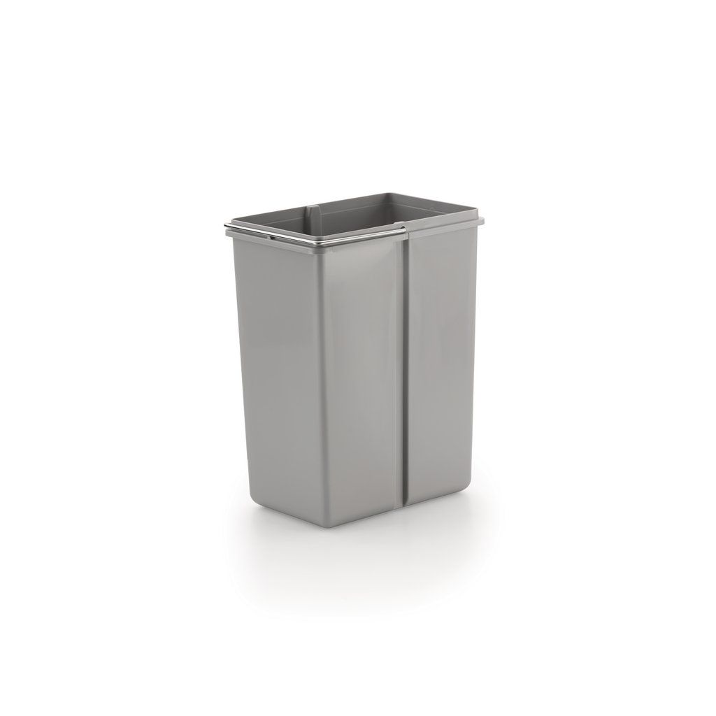 A standalone gray trash can with a rectangular shape and a slightly wider rim.