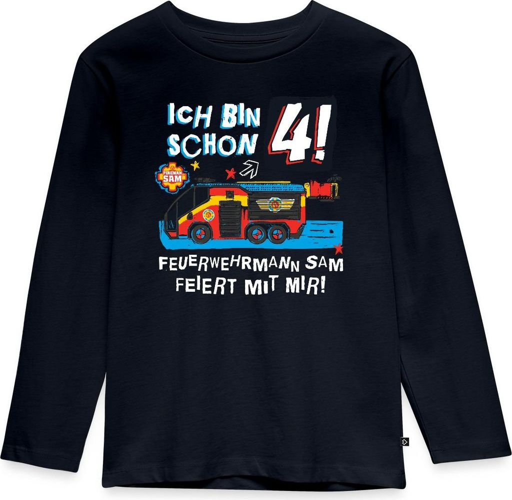 Spreadshirt Feuerwehrmann Sam Geburtstagsdesign 4 Jahre Kinder Premium Langarmshirt, 134/140 (8 Jahre), Navy