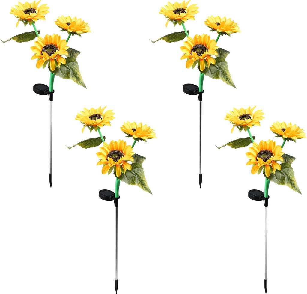 4er Set Solar Sonnenblumen-Lampen mit 3 Köpfen – realistische Dekoration, warmweißes LED-Licht, IP65 wasserdicht für Garten und Außenbereich