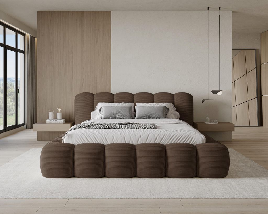 A modern bedroom with a large bed, nightstands, and a large window.
