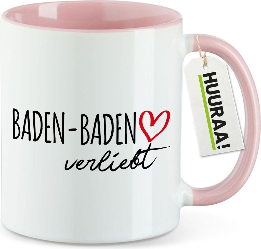 Huuraa Kaffeetasse Baden-Baden verliebt 330ml Rosa Keramik Kaffeebecher Geschenkidee