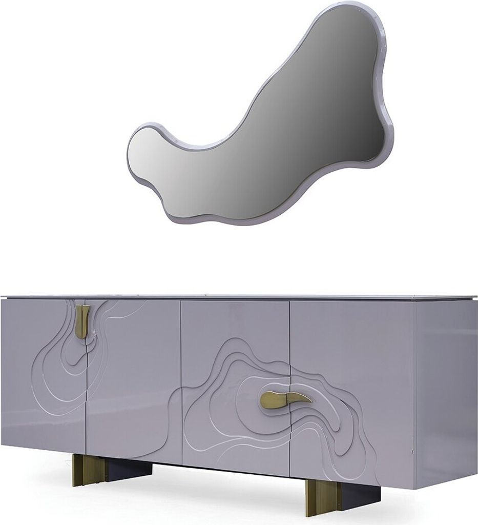 Anrichte Garnitur Sideboard mit Spiegel Schrank Holz Rosa Esszimmer