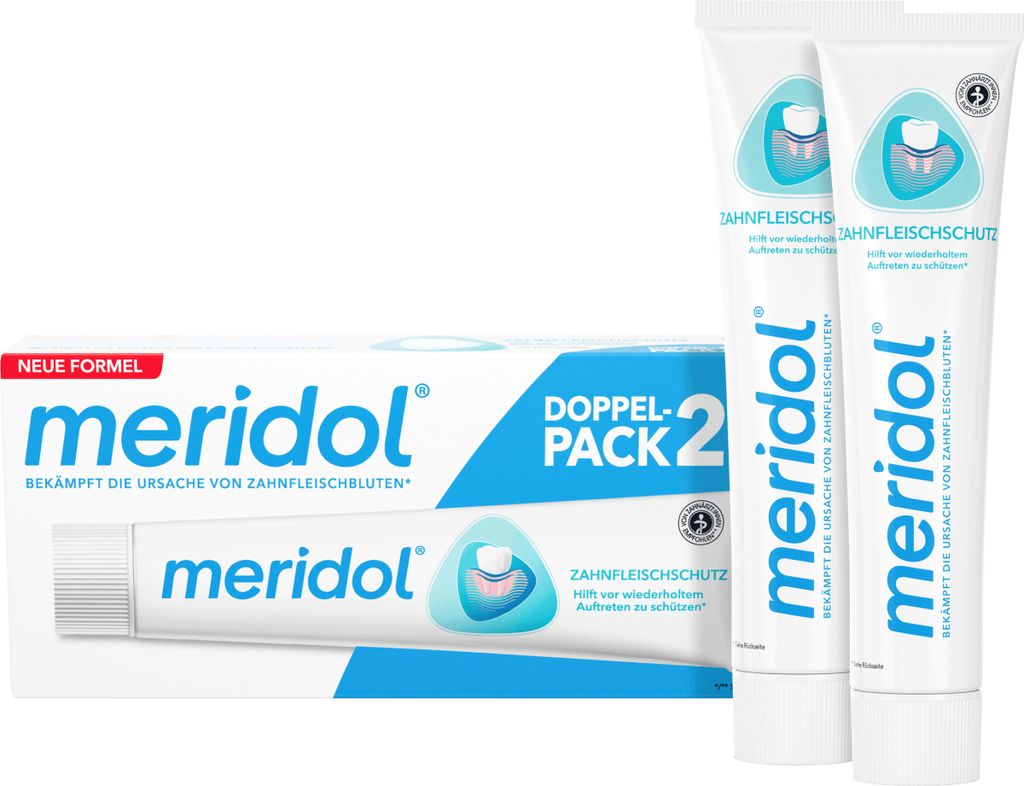 A product shot of a double pack of Meridol toothpaste.