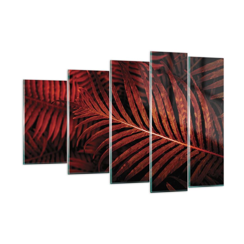 Bilder auf glas - 5 Teile - Rot Blätter Palmen - 150x100cm - Glasbilder - Wandbilder - Bilder - zum Aufhängen bereit - Wanddekoration aus Glas - ...