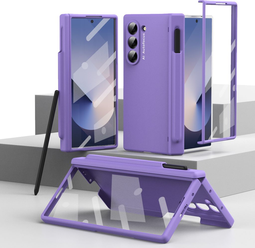 Hülle für Samsung Galaxy Z Fold 6 mit Pen, Scharnierschutz Hartes Anti-Kratzer Schutzhülle mit Displayschutzfolie Lila