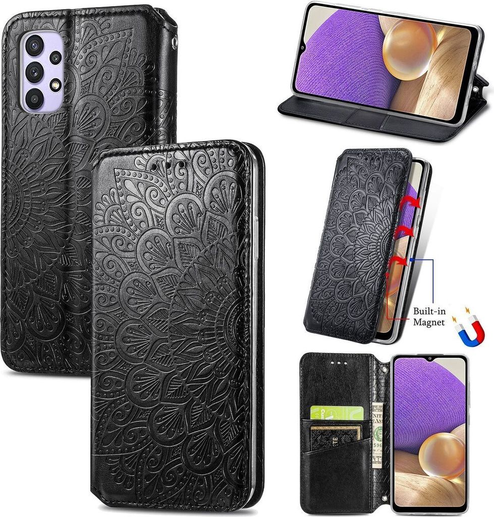 König Design Hülle kompatibel mit Samsung Galaxy A32 5G Kunstleder Handyhülle - Handy Case Schwarz