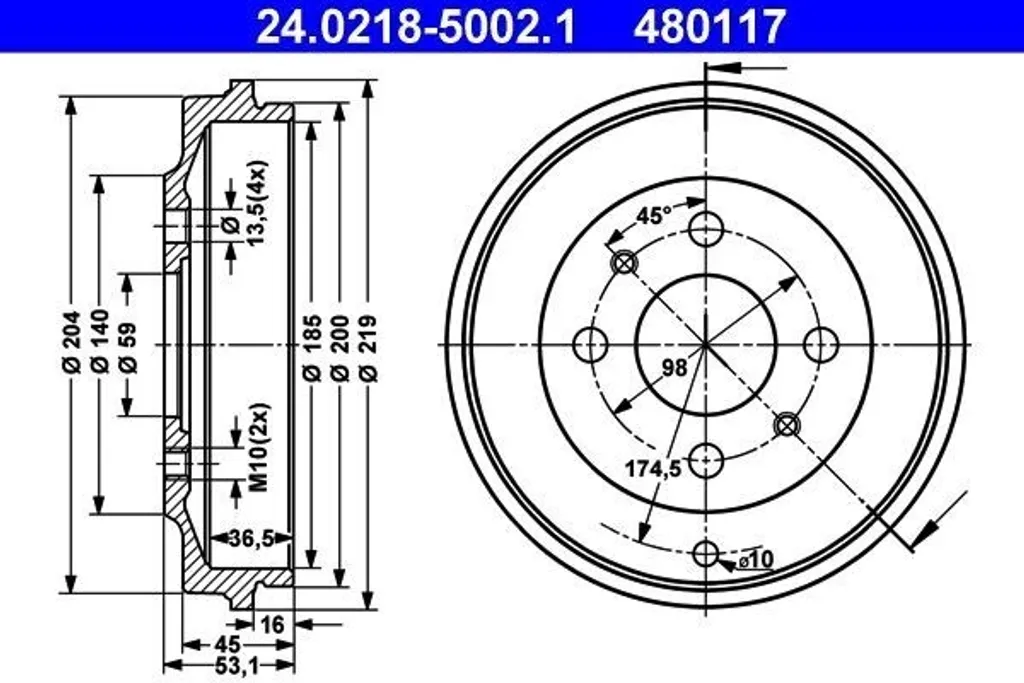 Tambour de frein ATE 24.0218-5002.1 pour Palio et Seicento OE 98601861