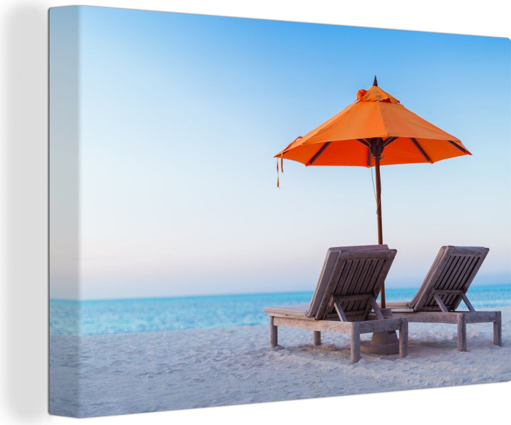 OneMillionCanvasses - Leinwandbilder - 140x90 cm, Meer - Sonnenschirm - Orange, Wandbilder Kunstdruck Wanddekoration