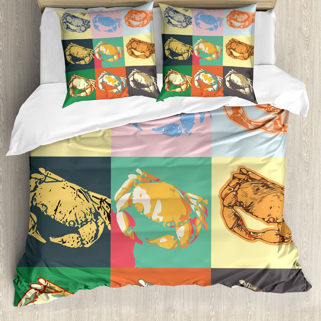 ABAKUHAUS Pop-Art Bettbezugs Set Für Doppelbetten, Eine Sammlung von Krabben, Milbensicher Allergiker geeignet mit Kissenbezügen, Hellgelb und Or...