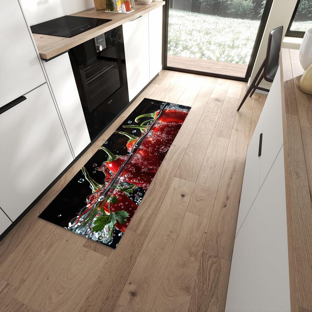 Küchenteppich 60x180cm rutschfest & abwischbar PVC Läufer - Paprika im Wasser