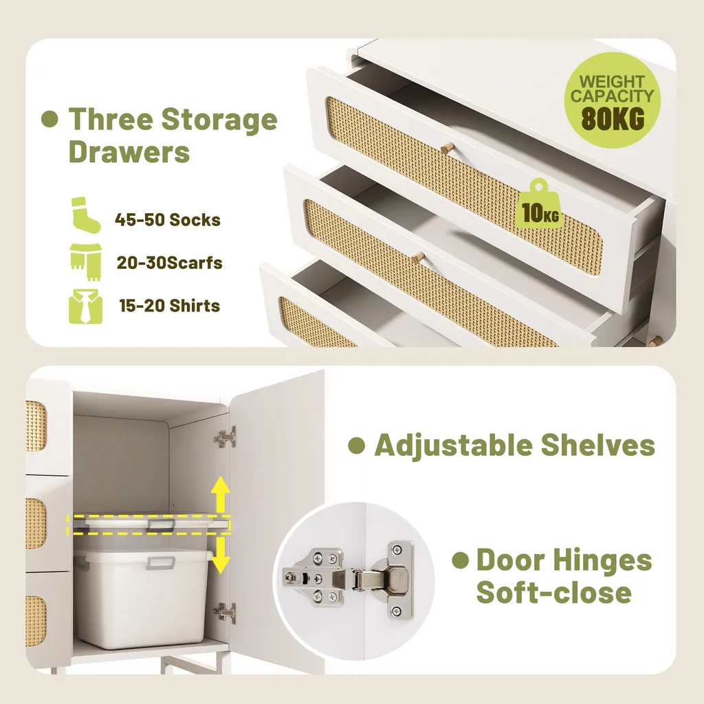 Commode 3 tiroirs en rotin blanc 120 cm avec compartiment modulable - 6