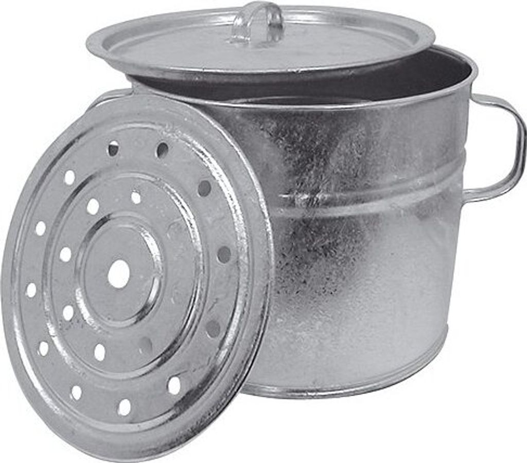 A galvanized metal pot with a lid and a perforated insert.