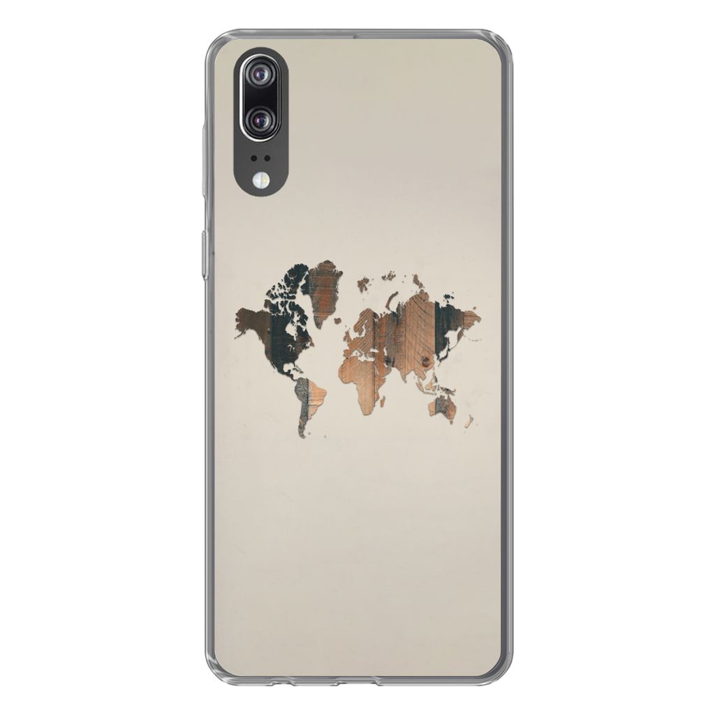 MuchoWow Handyhülle Schutzhülle Hülle für Huawei P20 Weltkarte -Holz - Regal Silikon Softcase Handy Hülle - Hardcover