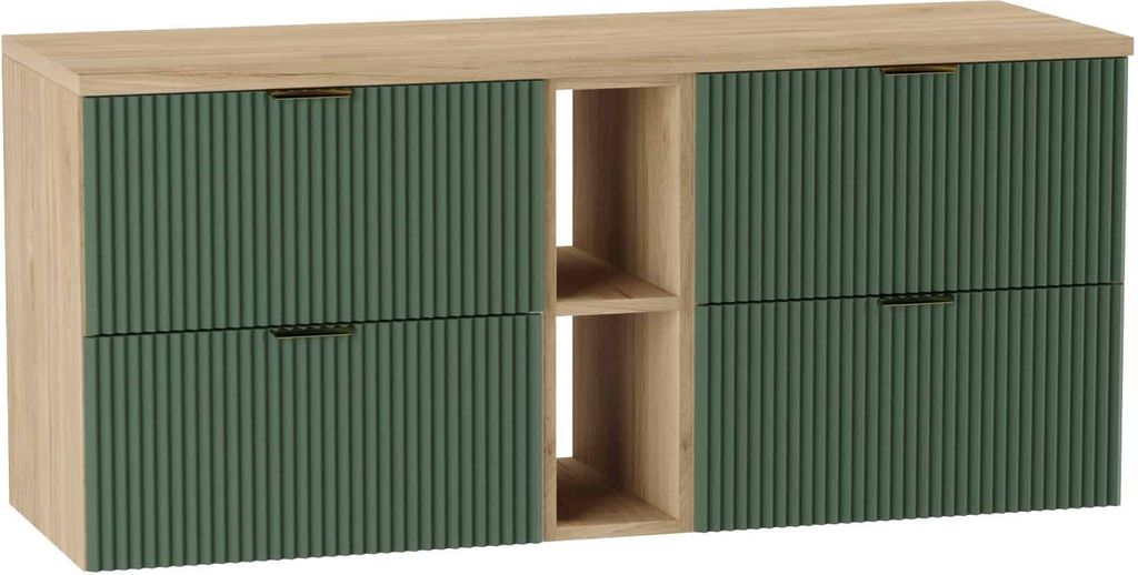 WENA Waschtischunterschrank 140 cm, geriffelte Fronten, Griffe aus Metall in der Farbe Gold (Farbe: Salbei/Eiche)